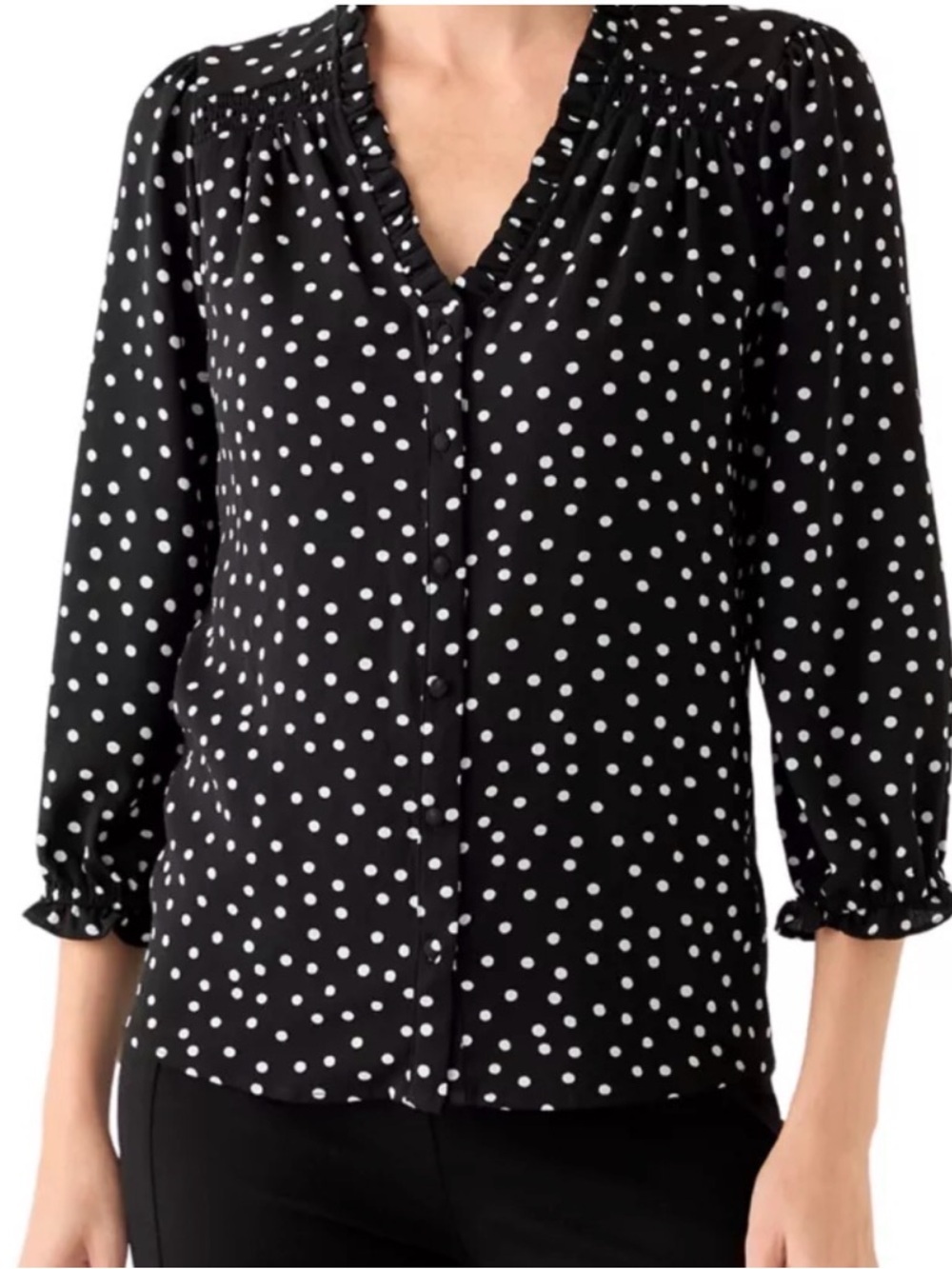CeCe XL Women's 3/4 Sleeve Printed Split Neck Polka Dot Blouse w/ Button Front